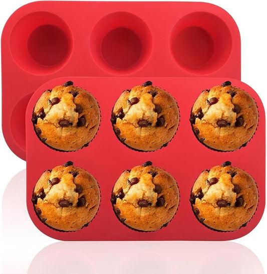 2PCS Silicone Muffin and Cupcake Pan - 6 Cup Non-Stick Mini Baking Molds, Reusable Tin for Brownies, 2 Trays Overlapped (Red, 9.45x6.5x1.57 Inch)