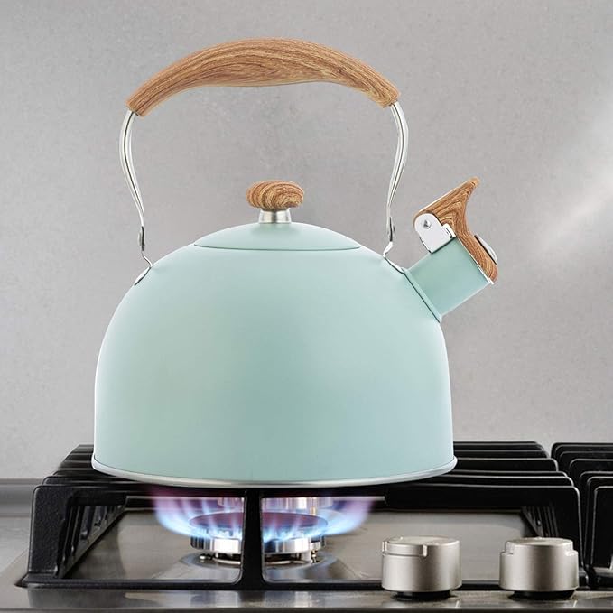 Vilihkc Tea Kettle 2.6 Liter Whistling Tea Kettle, Tea Pots for Stove Top Food Grade Stainless Steel with Wood Pattern Folding Handle, Loud Whistle Kettle for Tea, Coffee, Milk