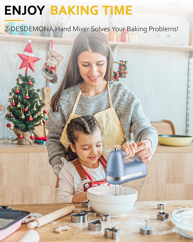 Z-DESDEMONA Electric Hand Mixer, Powerful 300W Hand Mixer Electric Handheld with 304 Beaters, Dough Hook, Hand Held Mixer with Turbo for Baking Cakes, Eggs, Cream Food(Blue)
