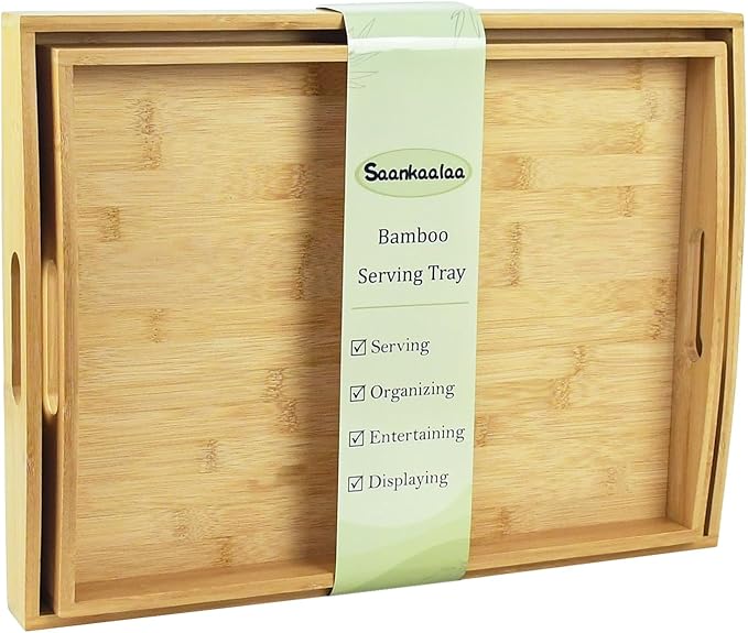 Bamboo Serving Tray with Handles, Set of 2 Large Wood ServingTrays for Food & Coffee, Elegant Wooden Tray for Breakfast in Bed, Kitchen & Party-Natrual Finish