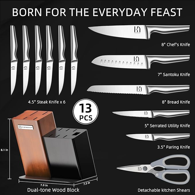 Knife Set, 13-Piece Premium Japanese High-Carbon Stainless Steel Kitchen Knife Block Set with Ergonomic Handles, Razor-Sharp Blades for Home Cooking, Daily Meal Prep & Professional Use