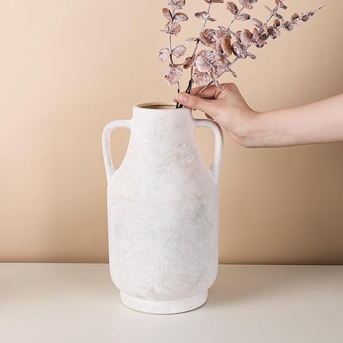 11'' Rustic Ceramic Flower Vase with Dual Handles Farmhouse Pottery Vases Decorative Large Vases for House Entryway Kitchen Table Centerpieces, Vintage White