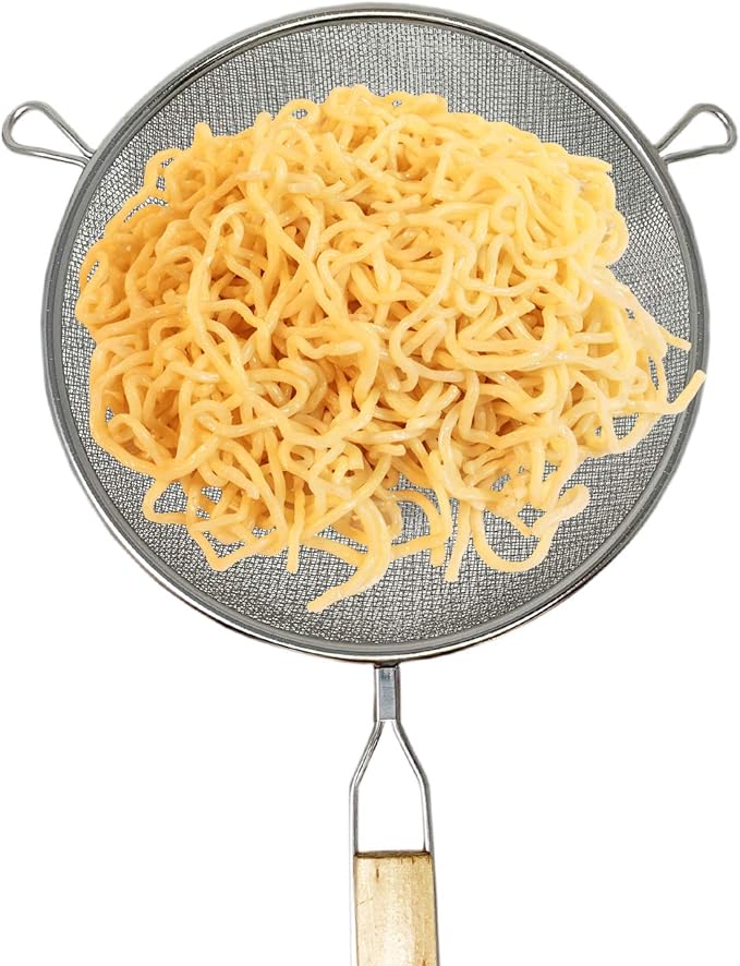 Huji Stainless Steel Fine 8" Double Mesh Food Strainer Colander Sieve Sifter with Wooden Handle for Kitchen Rice Pasta Noodles (3 Pack)