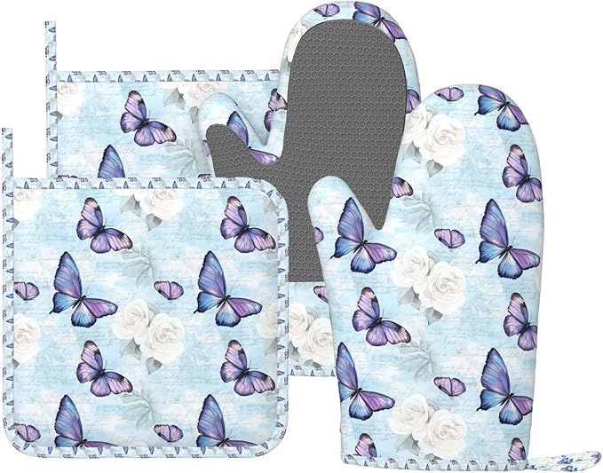 Oven Mitts and Pot Holders Blue Pastel Butterfly Flower Rose Silicone Kitchen Accessories Set of 4 Heat Resistant Long Gloves Potholder Non-Slip Grip for Chef Cooking Baking Grilling BBQ