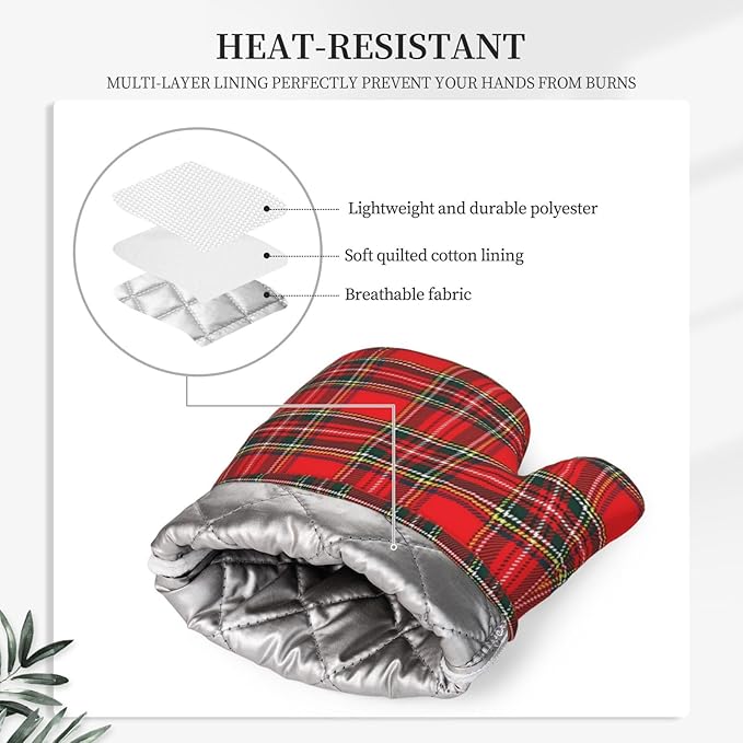 Christmas Silicone Oven Mitts and Pot Holders Sets Red Green Buffalo Plaid Kitchen Mitts Rustic Christmas Checkered Potholder Kitchen Accessories for Cooking Baking BBQ