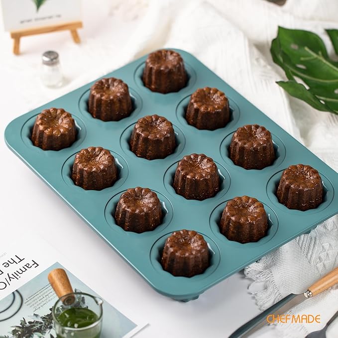CHEFMADE Canele Mold Cake Pan, Nonstick 12 Cavity Canele Muffin Bakeware Cupcake Pan for Oven Baking（Green）