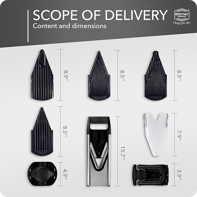 Börner by Reston Lloyd Mandoline Slicer V6 (Professional Set) • Stainless Steel Slicer with V-Blade • Adjustable Kitchen Slicer for Vegetables & Fruits • Various Thicknesses & Grater