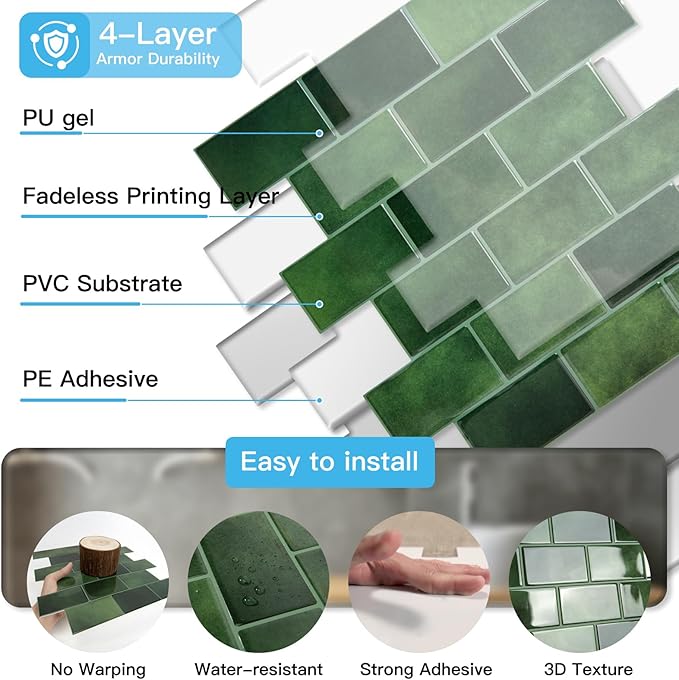 Art3d Peel and Stick Green Wall Tiles – 12"x12" Thicker Design Backsplash, Self-Adhesive Tile for Kitchen & Bathroom Renovation