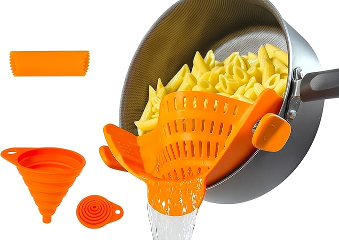 Clip on Strainer Silicone for All Pots and Pans, Colander, Pot Strainer for Pasta, Meat, Vegetables, Space Saving Design, Food-Safe with Collapsible Funnel, Garlic Peeler, 3 Pack (Orange)