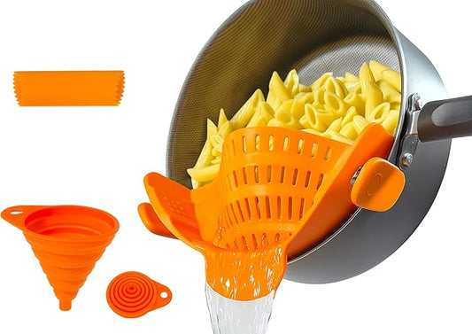Clip on Strainer Silicone for All Pots and Pans, Colander, Pot Strainer for Pasta, Meat, Vegetables, Space Saving Design, Food-Safe with Collapsible Funnel, Garlic Peeler, 3 Pack (Orange)