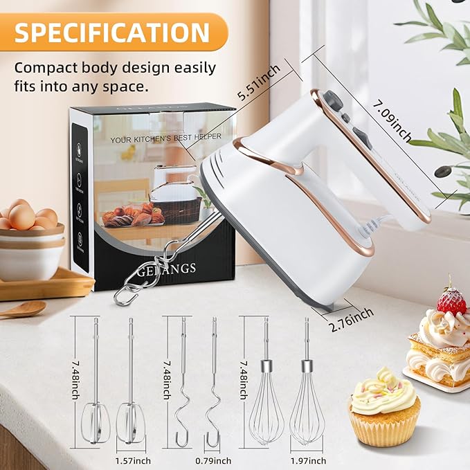 GELANGS Hand Mixer, 5-Speed Electric with Turbo Boost, White, Copper Motor, 400W, Dishwasher-Safe Attachments for Baking, Whipping, Dough