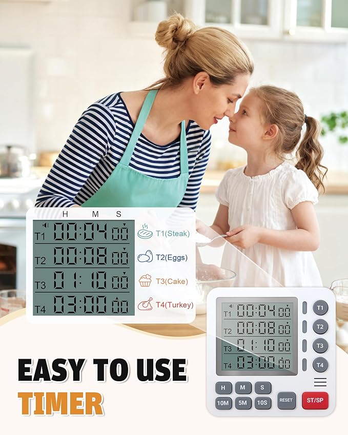 Digital Kitchen Timer - 4-Channel Cooking Timer with Alarm, Magnetic Back, Loud & Silent Modes, Count Up/Down, Ideal for ovens, Seniors, Kids and classrooms, Replaceable AAA Battery