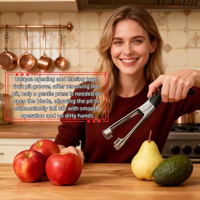 Premium Stainless Steel Apple Corer, Professional Fruit Core Remover Tool with Ergonomic Black Handle, Serrated Blades for Apples, Pears, Peaches, Plums, Easy Use & Clean (Black)