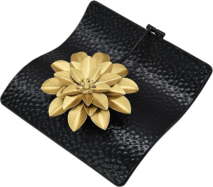 OwlGift Black Flat Napkin Holder w/Golden Flower Weighted Arm, Metal Cocktail Napkin Dispenser, Kitchen Counter Paper Towel Storage, Dining Table Organizer