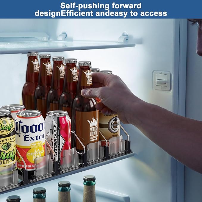 Drink Organizer for Fridge,12oz 16oz 20oz - Soda Can Dispenser for Refrigerator,Width Adjustable,Automatic Pusher Glide,15"D,White,5 ROW,Holds 25 Cans