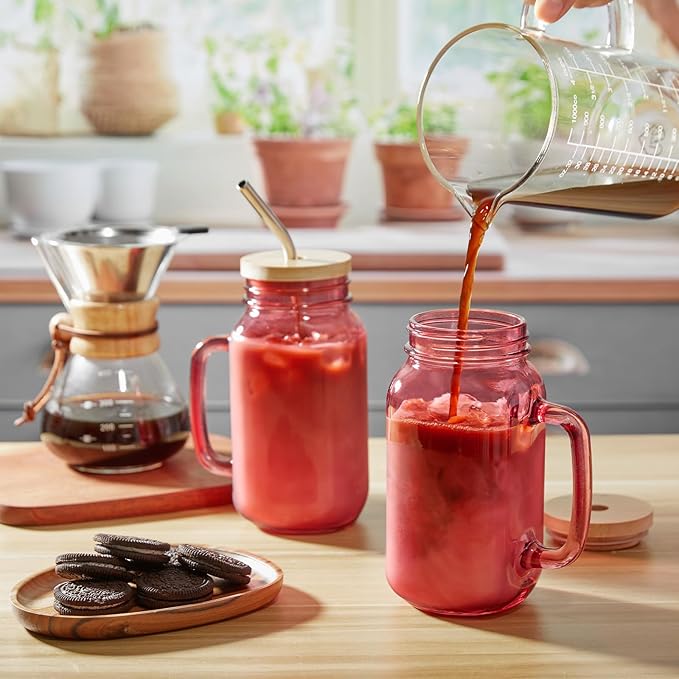 DRASTAR 24oz Drinking Glasses with Handle, Mason Jar with Lid and Straw, Mason Jars with Regular Mouth, Iced Coffee Cups, Pink