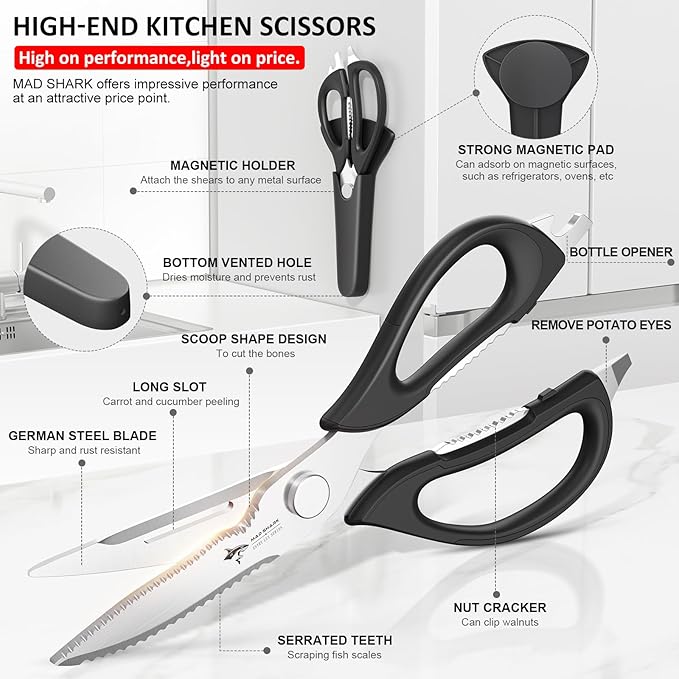 Kitchen Scissors All Purpose Kitchen Shears Come Apart,Stainless Steel Utility Scissors with Comfort Grip,Heavy Duty Poultry Shears for Chicken,Meat,Fish,Dishwash Safe (NEW WITH MAGNETIC HOLDER)