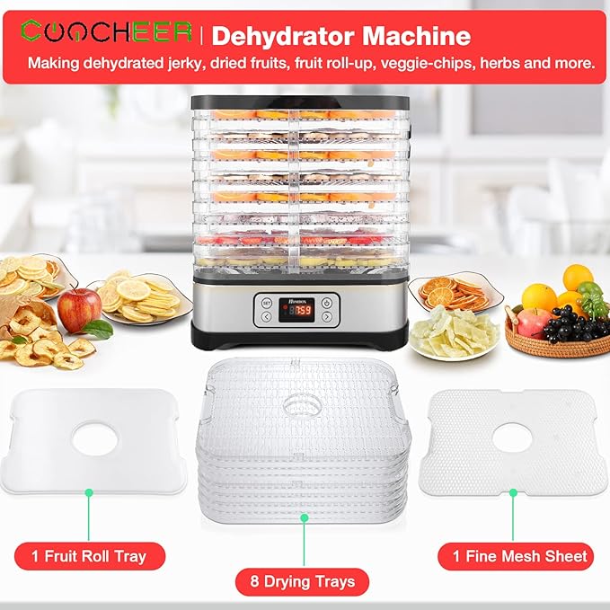 Food Dehydrator Machine, 400W 8 Trays Dehydrators for Food and Jerky with 72H Timer and 95-158℉ Temperature Control, BPA Free, Fruit Dehydrator for Fruit, Herbs, Meat, Veggies and Dog Treats, Upgraded