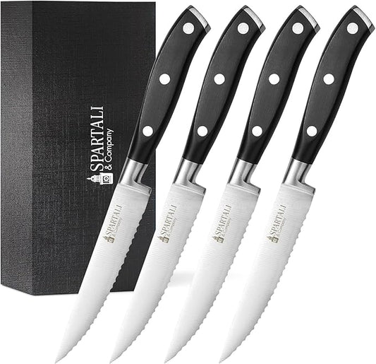 Spartali & Company Premium 4.5-Inch Steak Knife Set of 4 – Serrated Stainless Steel Blades with Ergonomic Handles – Razor-Sharp Cutlery for Effortless Meat Slicing – Dishwasher Safe, Rust-Resistant.