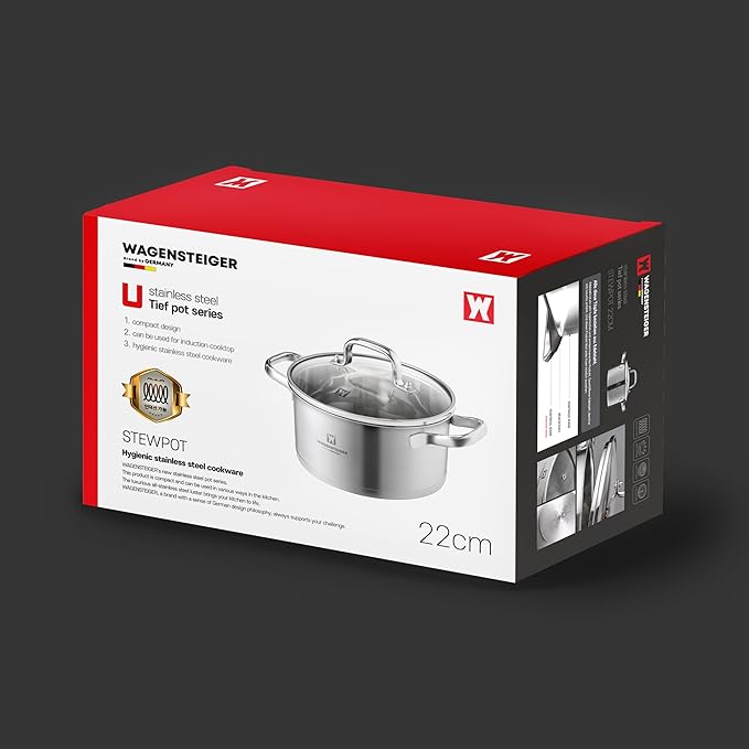 WAGENSTEIGER 3.78-Quart Stainless Steel Stock Pot with Tempered Glass Lid, 3-Ply Construction, Ergonomic Handles, Compatible with All Cooktops, BPA Free (8.46" Diameter)