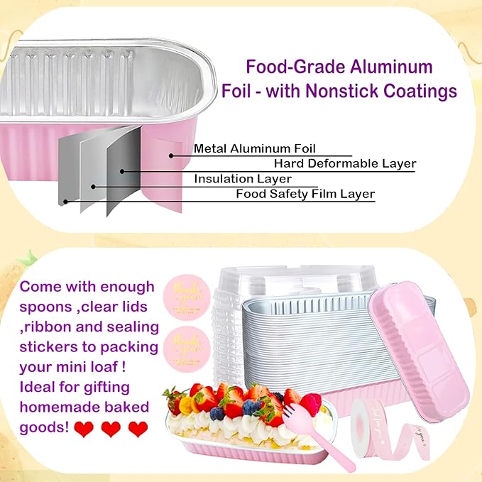BZIDII 50 Pack Mini Loaf Pans with Lids and Spoons, 6.8 Oz Mini Cake Pans with Lids for Baking,Pink Disposable Rectangle Aluminum Foil Loaf Pan with Ribbon Stickers，Small Cake Containers Tin（Pink）