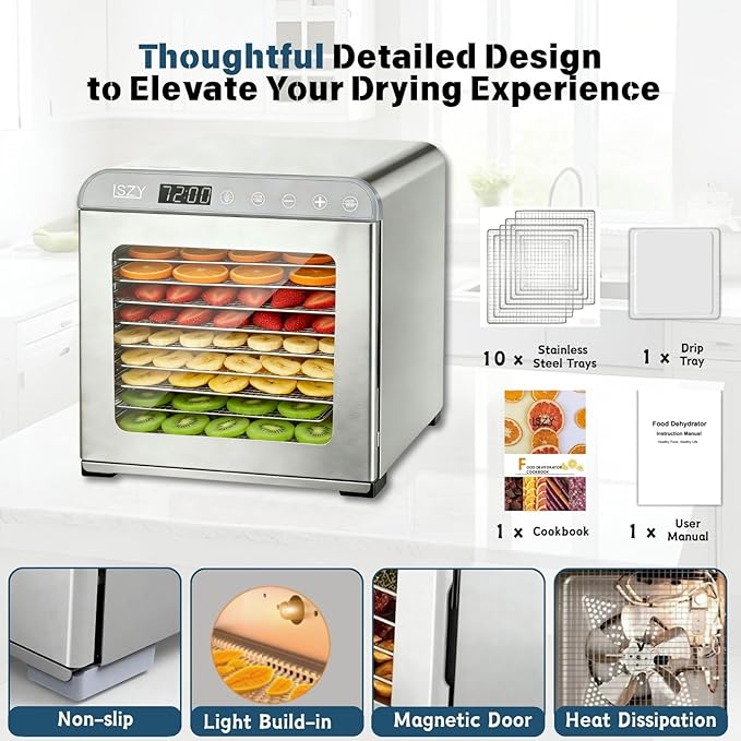 Food Dehydrator, Large 12'' 10 Trays Stainless Steel Meat Dehydrator for Jerky, 800W Herb Dryer 72H Timer & Temp Control for Fruit Snacks Yogurt Dog Treats ETL Approved (White)
