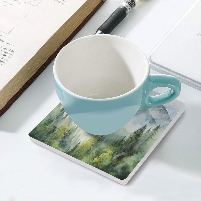 Square-6PCS Forest Drink Coasters, Square Modern Ceramic Absorbent Coasters, Watercolor Style Nature Woodland Green Forest Mountain Plant Decor Desk Coffee Table Coaster for Beverage Cup Tea Coasters
