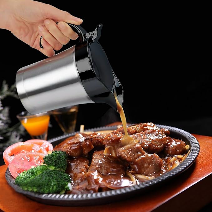 Double Insulated Gravy Boat,25Oz Stainless Steel Gravy Sauce Jug with Hinged Lid, Ideal Gravy Warmer Pitcher for Family Dinner, Thanksgiving, Halloween, Christmas, Birthday Party 750ML