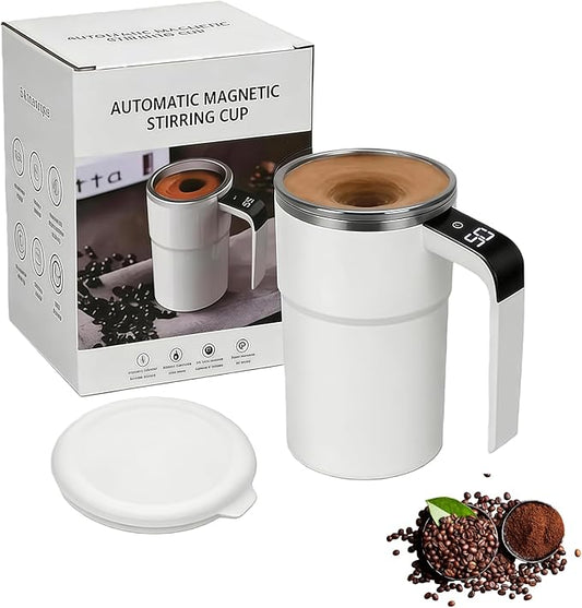 Electric Coffee Mug with a Built-In Lcd Thermometer, 13oz Automatic Self Stirring Coffee Mug, Perfect for Brewing Milk, Cocoa, Etc (White)