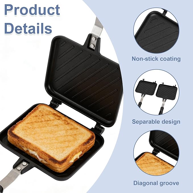 Double Sided Hot Sandwich Maker, Non-Stick Press Frying Flip Pan,Stovetop Toasted Panini Pan For Bread,Pancake,Ideal For Home Kitchen, Camping