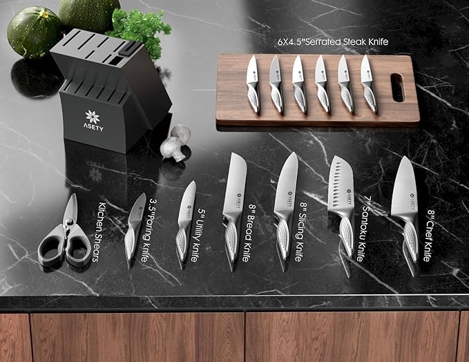 Knife Set - Ultra Sharp Knives Set for Kitchen with block, 15 PCS Stainless Steel Knife Set with Built-in Sharpener, Ergonomic Non-Slip Handle, Christmas Elegant Box for Men Women, Steel Grey