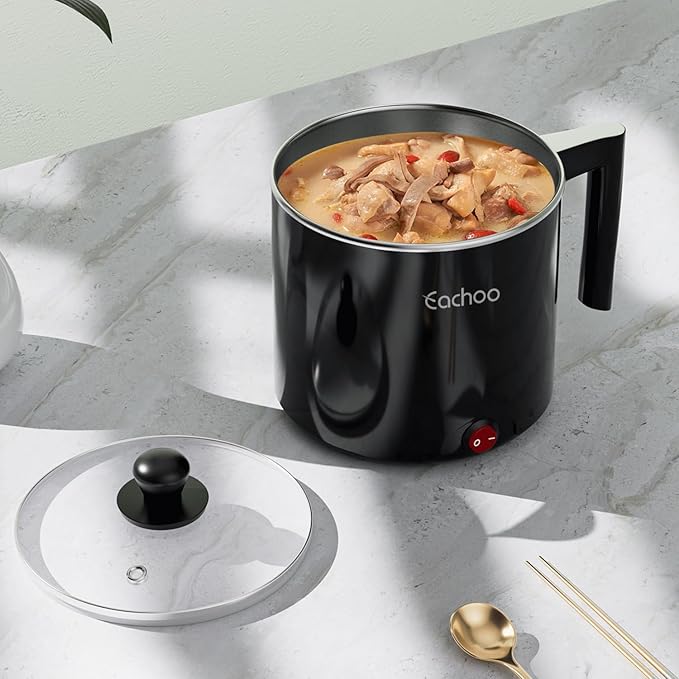 Electric Hot Pot - 1L Ramen Cooker, Mini Portable Multi-Functional Lazy Pot for Noodles, Soup, Non-Stick Cooker with Boil Dry Protection for Dorm, Office