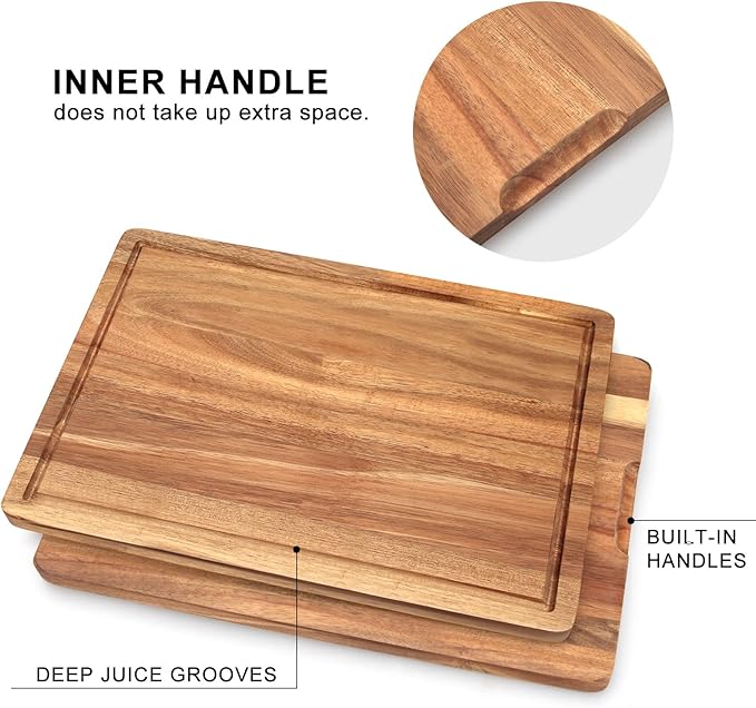 3 Pack Solid Acacia Wood Cutting Boards Set for Kitchen Meat Hardwood Chopping Board Decorative Large Charcuterie Boards Set Best Non Toxic Big Cutting Board Butcher Block Bread Serving Cheese Board