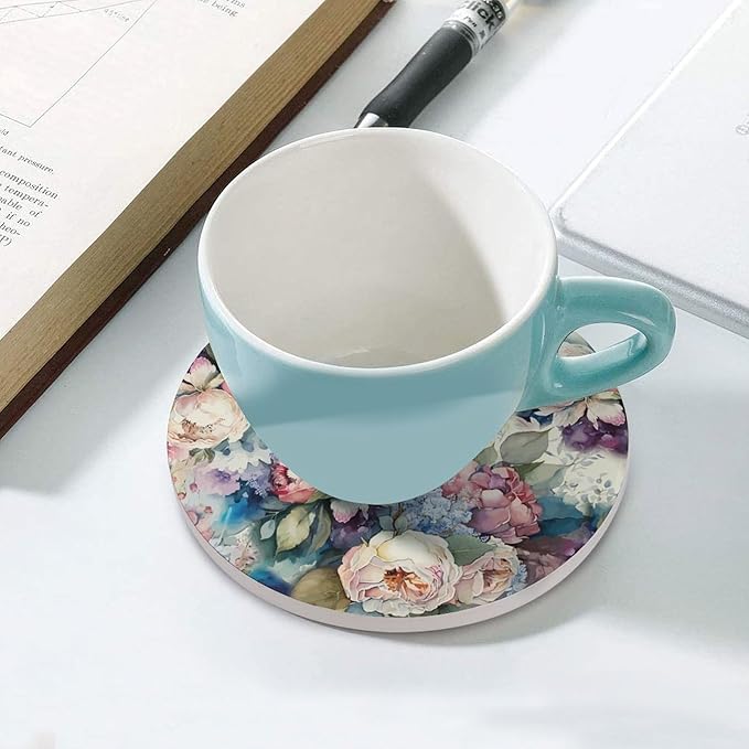 Round-4PCS Floral Drink Coasters, Round Modern Ceramic Absorbent Coasters, Watercolour Abstract Nature Plant Floral Colorful Wildflower Decor Desk Coffee Table Coaster for Beverage Cup Tea Coasters