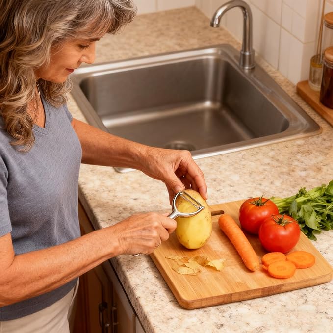 Vegetable Peeler with Ergonomic Handle, Premium 18/8 Stainless Steel Potato Peeler, Ultra Sharp Serrated Blade Peeler for Veggie, Carrot, Apple, and Cucumber, Rust-Resistant, Dishwasher Safe