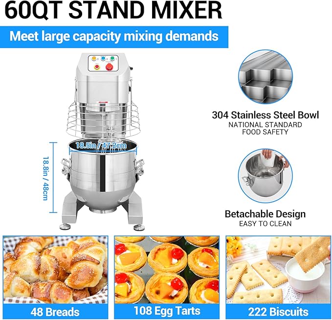 Ekway 60Qt Commercial Food Mixer, 3500W Heavy Duty Dough Mixer 3-Speeds Adjustable,Electric Commercial Stand Mixer with Stainless Steel Bowl for Kitchenaid Bakery and Pizzeria,220V