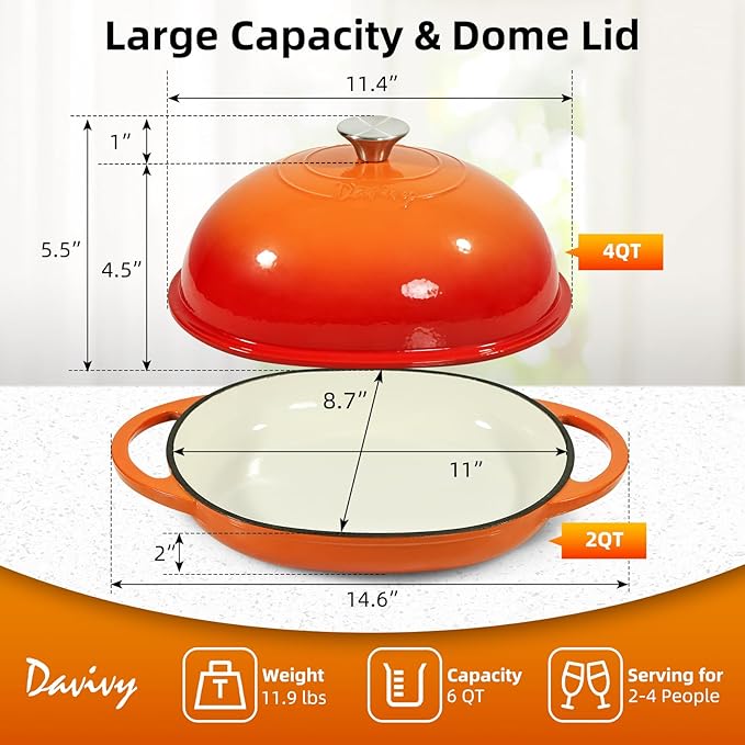 Davivy Cast Iron Oval Bread Pan with Lid 6QT, Dutch Oven for Sourdough Bread, Non-stick Cast Iron Sourdough Baking Pan with Silicone Baking Mat - Flame Orange