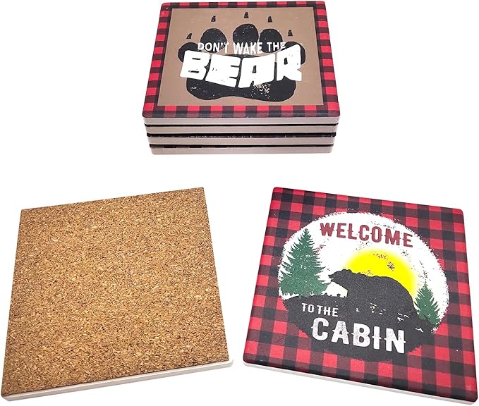 Pine Ridge Black Bear Buffalo Plaid Coasters for Drinks - Welcome to The Cabin and Don't Wake The Bear Design with Cork Pads Coaster Set of 6