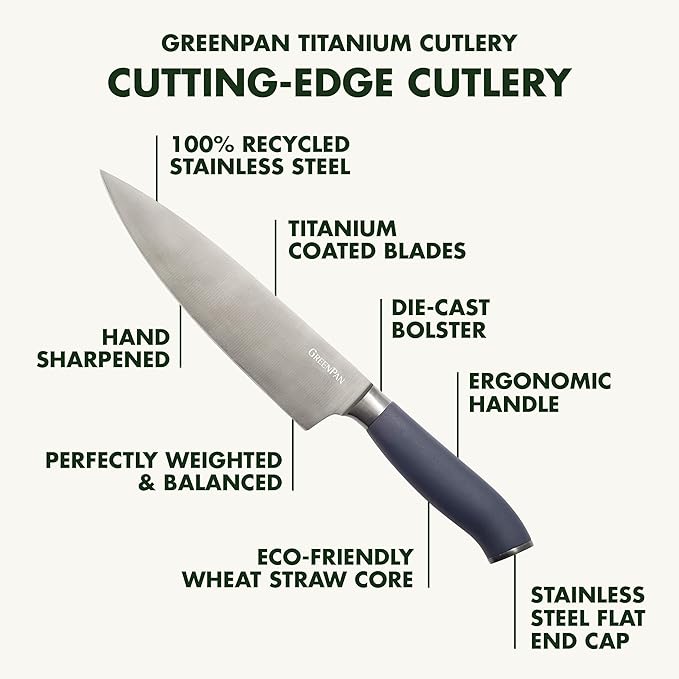 GreenPan Titanium Ultimate 16-Piece Knife Block Set, Titanium Coated, Stainless Steel, Eco-friendly, Ergonomic Grip, Slip Resistant, Balanced, Heat Treated, Hand Sharpened, Dishwasher Safe