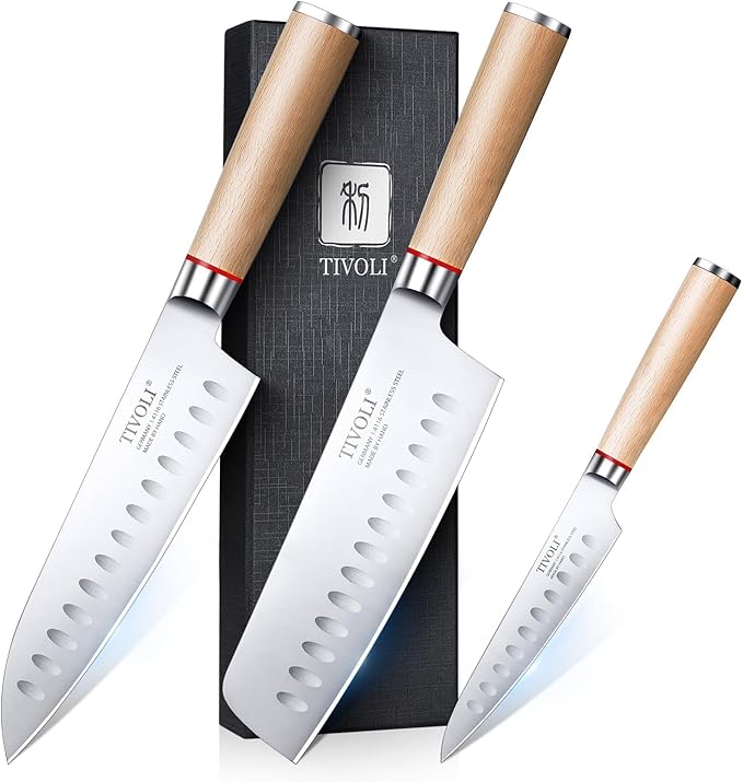 TIVOLI 3 PCS Kitchen Knife Set, High Carbon Stainless Steel Cutlery Knife Set, Ergonomic Wood Handle, Professional Chef Knife Set Gifts For Cooks, Beige