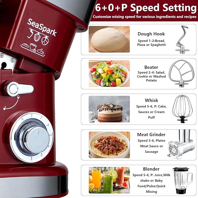 SeaSpark Multifunctional Stand Mixer, 6 in 1 Stand Mixer, 6.3Qt Tilt-head, Standing Mixer with Stainless Steel Bowl, Meat Grinder, Juice Blender, for professional Baking and Most Home Cooks, Red