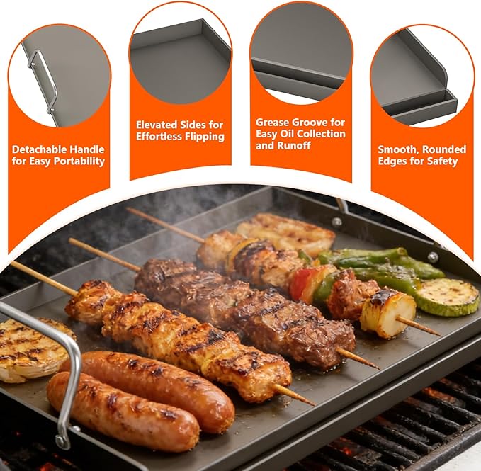 25" x 16" Cast Iron Griddle for Gas Grill, Universal Flat Top with Pre-Seasoned Nonstick Coating, Grease Groove and High Sidewalls, Griddle Plate Insert for Camping, Tailgating and Parties