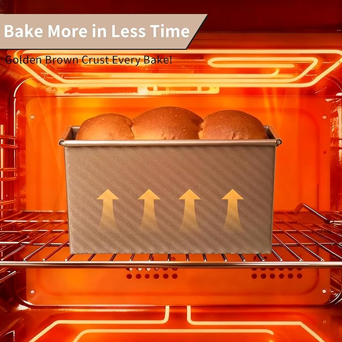 Hikaproligt Pullman Loaf Pan with Lid 2 Pack, 8x4 Inch 1LB Nonstick Carbon Steel Bread Pans, Gold Corrugated Sandwich Bread Baking Pan for Toast, Sourdough, Homemade Bread