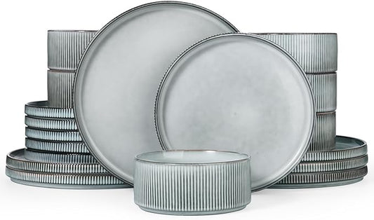famiware Star Plates and Bowls Sets, Modern Stoneware Dinnerware Sets for 6, 18-Piece Kitchen Dish Set - Chip and Scratch Resistant, Microwave and Dishwasher Safe Tableware, Smoky Blue