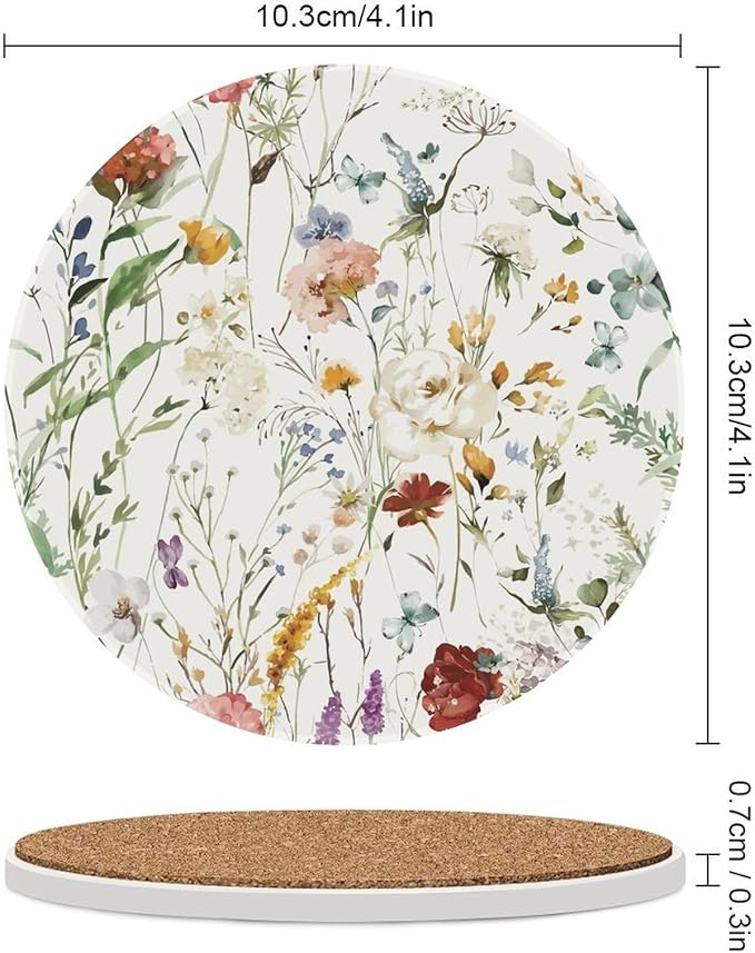 Round-4PCS Floral Drink Coasters, Round Modern Ceramic Absorbent Coasters, Watercolour Colorful Flower Herb Nature Plant Floral Decor Desk Coffee Table Coaster for Beverage Cup Tea Coasters