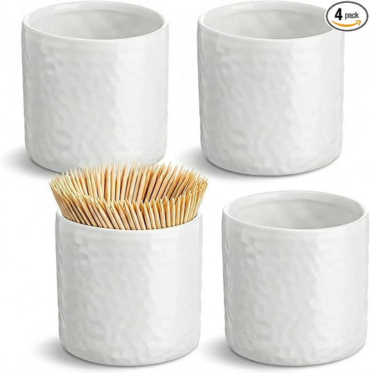 Mimorou 4 Pcs White Ceramic Toothpick Holder Simple Ceramic Toothpick Dispenser Container for Home Charcuterie, Easy to Clean (Hammered Texture)