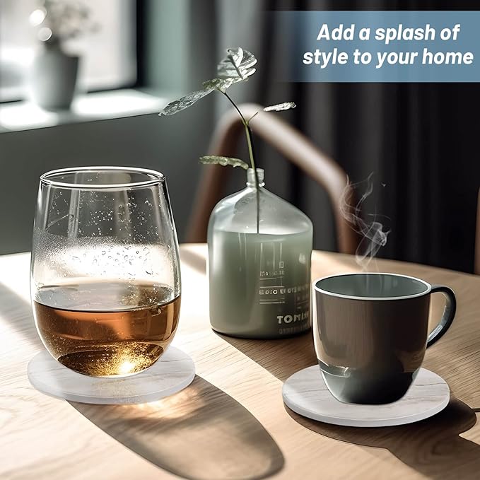 Acejoz Drink Coasters with Holder for Coffee Table, Absorbent Coaster Set of 6, Marble Style Ceramic Coaster for Wooden Table, Suitable for Kinds of Cups, Home Decor, 4 Inches