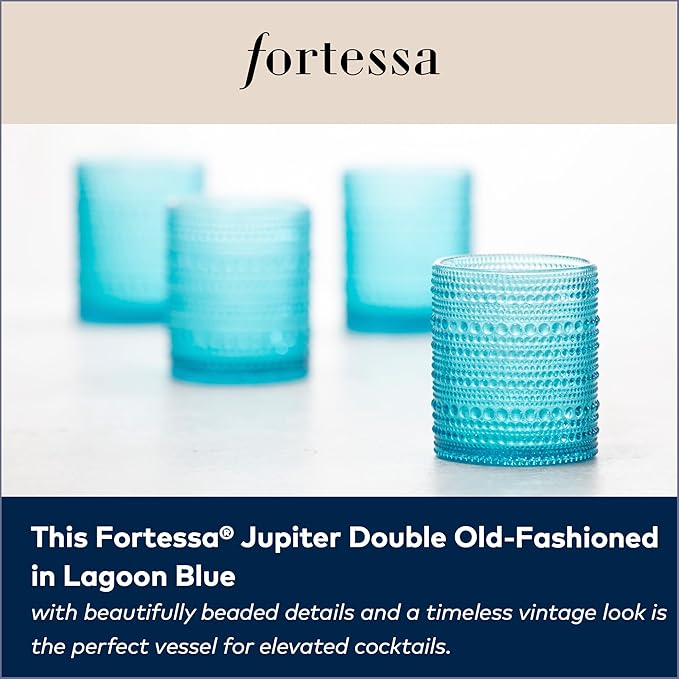 Fortessa Jupiter Beaded Hobnail Glass, 10 Ounce Double Old Fashioned (Set of 6), Lagoon Blue