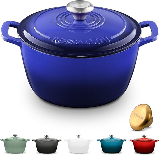 ROSSALLINI Signature Enameled Cast Iron Dutch Oven, Non-Stick Serving Pot with Tight Fitting Lid for Perfect Roasting, Baking, Sauteing, and Bread Making | 7.4Q (7L) - Indigo Blue