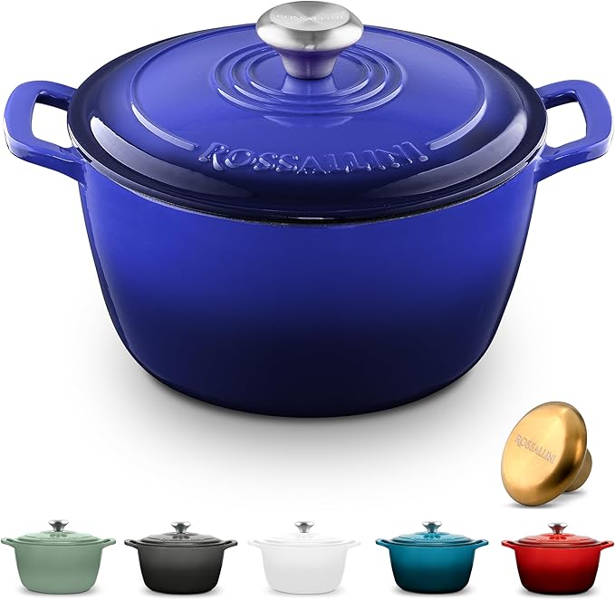 ROSSALLINI Signature Enameled Cast Iron Dutch Oven, Non-Stick Serving Pot with Tight Fitting Lid for Perfect Roasting, Baking, Sauteing, and Bread Making | 3.5Q (3.3L) - Indigo Blue